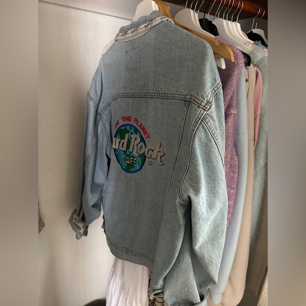 VINTAGE Denim jacket , “Save the planet’ Aspen Hard Rock Cafe Denim